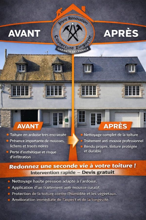 Démoussage de toiture ardoise - chantier Joyce Rénovation